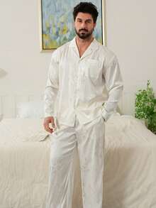 DAZY Men's Satin Twill Shirt & Loungewear Set, Autumn - White - View 3