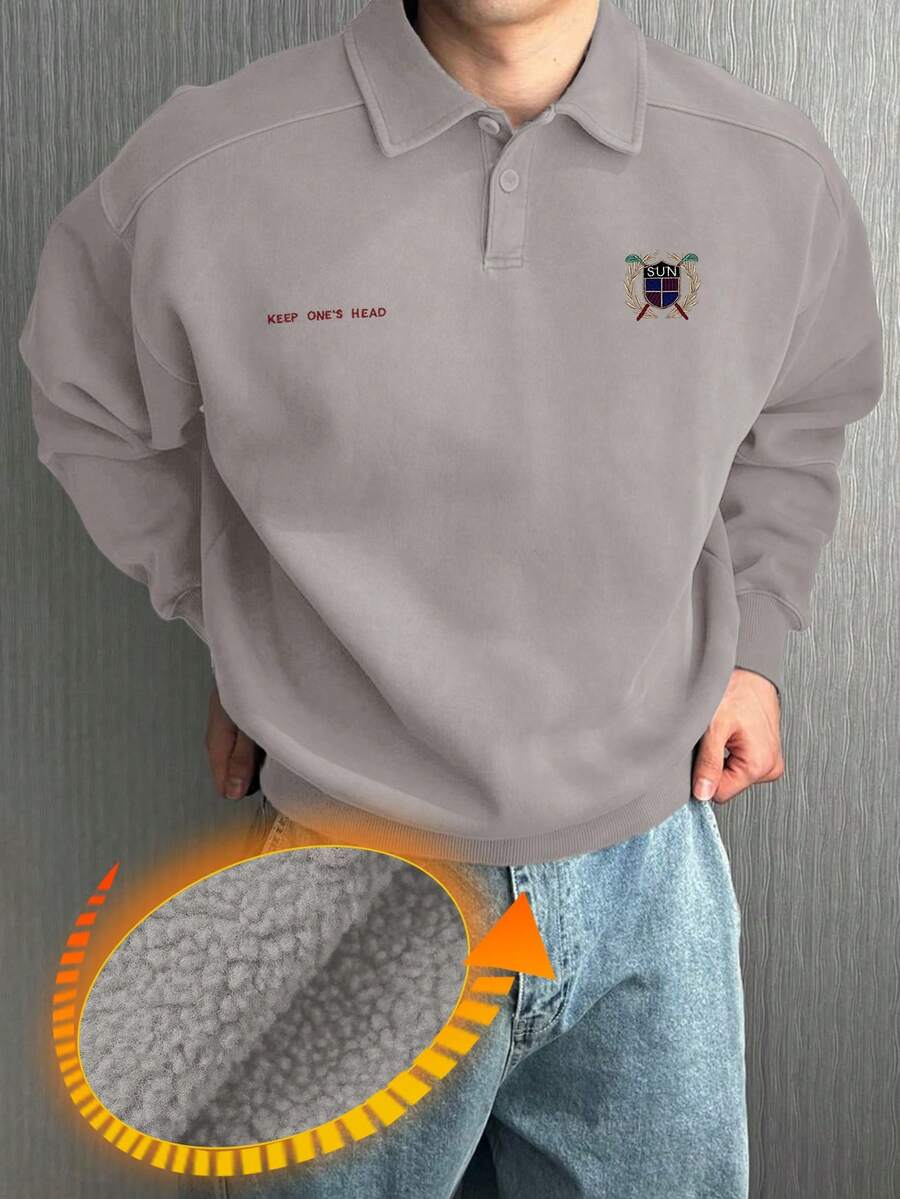 DAZY Men's Thermal Lined Washed Gray Letter Embroidery Design Polo Collar Street Style Pullover Pullover Sweatshirt, Autumn/Winter - Light Grey - View 1