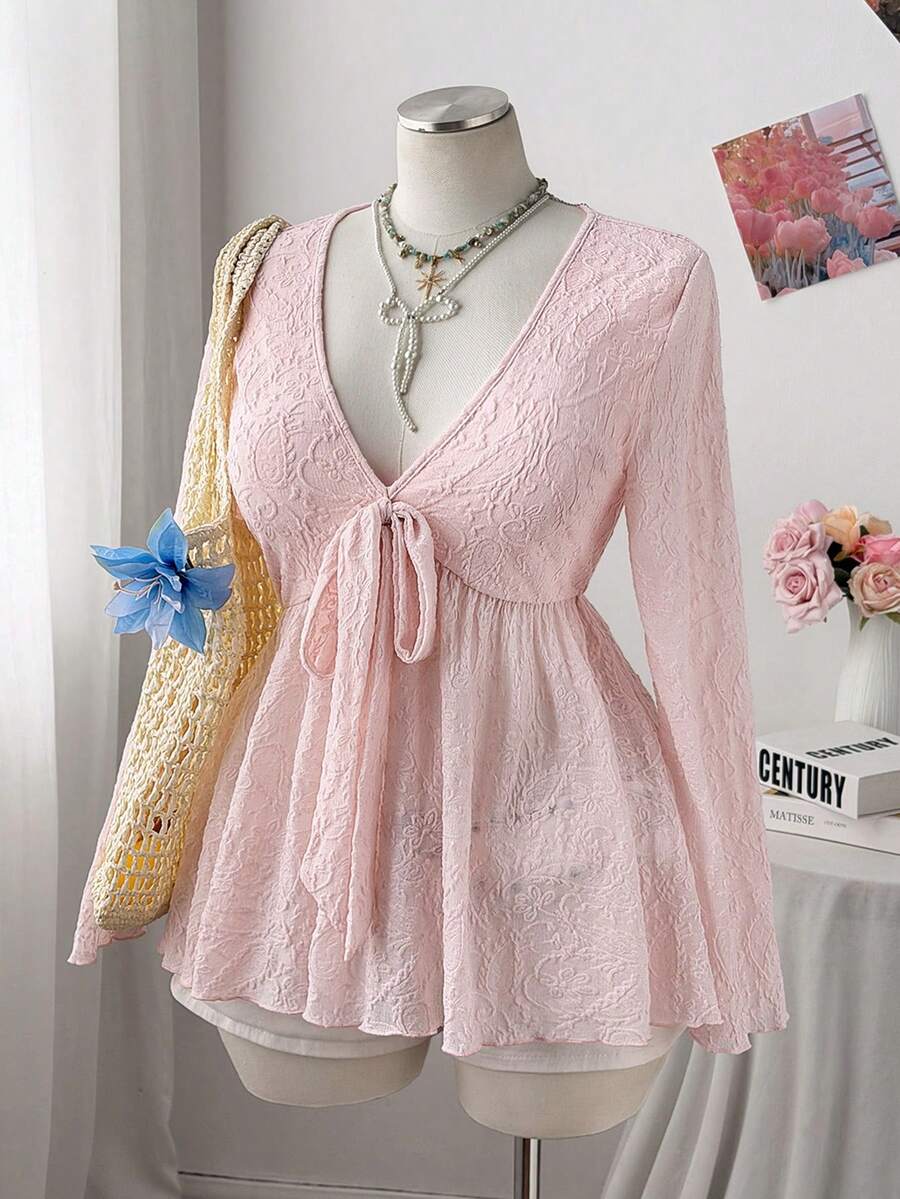 Sweetra Plus Size Women Casual Commuter Cashew Flower Print Long Sleeve T-Shirt - Pink - View 1