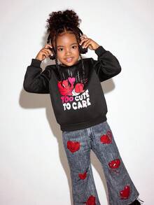 SHEIN HOT STUFF Young Girl 2pcs/Set Street Style Cute Casual Round Neck Long Sleeve Sweatshirt & Denim Effect Print Flare Pants 2-Pieces Set - Black - View 2