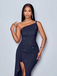 SOLERSUN 适合圣诞派对、度假、约会和情人节约会的亮红色不对称肩带高开衩荷叶边闪亮长裙，新年服装，女士长裙套装 - 藏蓝色 - 查看 7