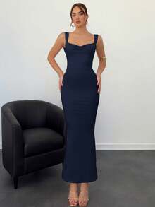 Aloruh 女士露背蝴蝶结装饰粉色连衣裙 - 藏蓝色 - 查看 7