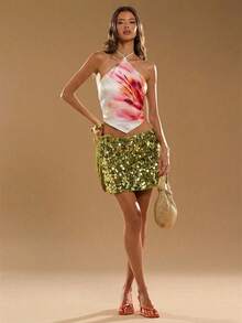 SHEIN BAE Áo kiểu nữ gợi cảm hở lưng, in hoa, cổ yếm, thích hợp cho kỳ nghỉ hè. - Màu vàng - Xem 3