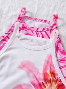 SHEIN Girls' (Large) Spring/Summer Casual Basic Versatile Vacation Everyday Home Dress Striped Wavy Pattern Halter Neck Fitted Short Knit Dress, Two Pieces Set - Pink - View 5