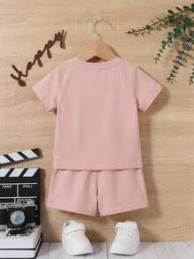 2pcs/Set Unisex Baby Letter Graphic Round Neck Short Sleeve T-Shirt & Casual Shorts Set - Dusty Pink - View 8