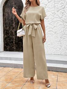 SHEIN Clasi Elegante tuta estiva da donna in lino blu con maniche a sbuffo, vita annodata e tessuto plissettato, adatta per varie occasioni, viaggi quotidiani, uscite, ecc. - Cachi - Visualizzare 6