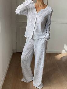 DAZY Women's All-Over Print Single-Breasted Long Sleeve Top And Wide Leg Pants Casual Loungewear Set - Grey - View 1