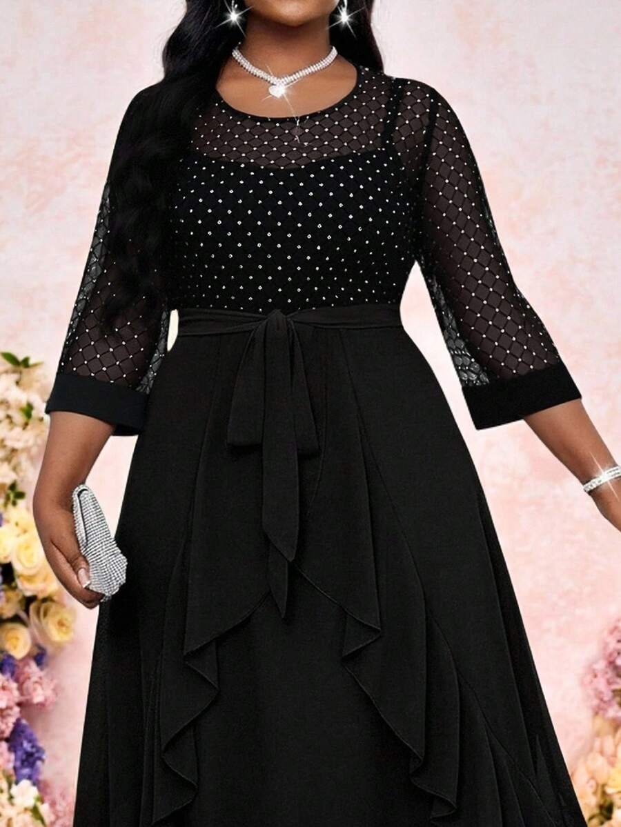 Fleurora 大码水钻装饰薄纱圆领优雅连衣裙