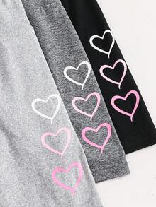 SHEIN paquete de 3 leggings de longitud media con patrón de corazón simple, informales, para niña preadolescente, adecuados para primavera y verano - Multicolor - Ver 4