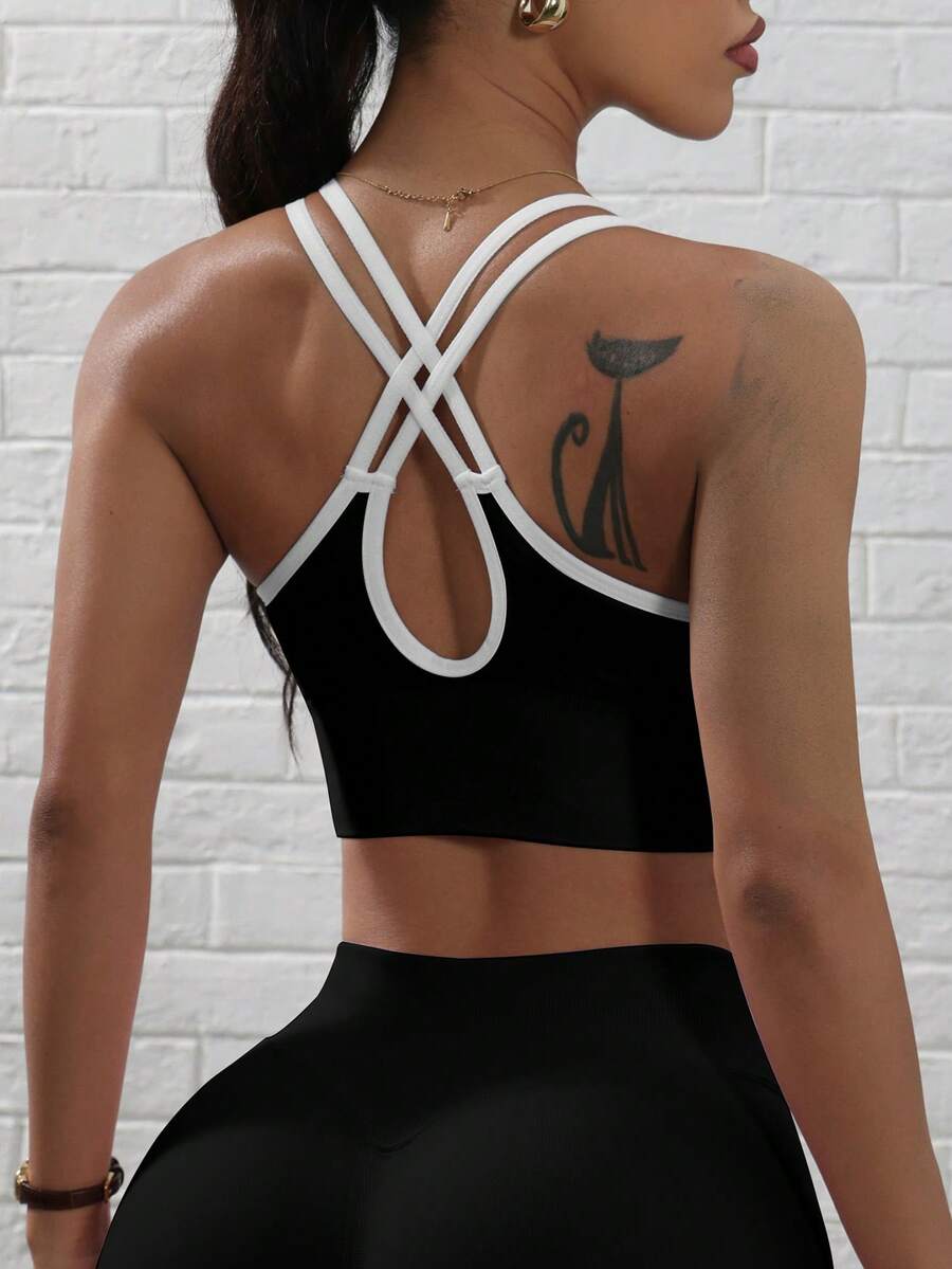 Dewbera Women's Fashion Simple Contrast Trim Criss-Cross Back Sports Bra - Black and White - View 1