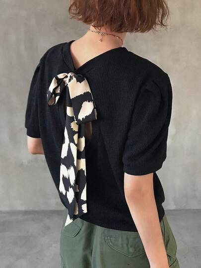 FRIFUL Women's Casual Everyday Office Commute Leopard Print Twist Bubble Short Sleeve Black T-Shirt, Summer
