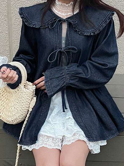 FRIFUL Women's Casual Peter Pan Collar Tie-Up Denim Blouse, Autumn Long Sleeve
