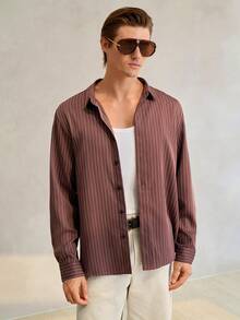 Manfinity CityGents Men's Casual Striped Print Long Sleeve Shirt, Suitable For Spring/Autumn, Vacation, Daily Wear, And Commuting Mens Striped Shirt Long Sleeved Shirt Mens Burgundy Shirt Brown Shirt Casual Shirt Men Striped Long Sleeve Shirt Men Burgundy Shirt Men Casual Shirt Pinstripe Shirt Men Men Brown Shirt - Brown - View 2