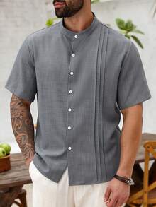 Manfinity Homme 男士休闲日常通勤简约纯色立领短袖褶皱衬衫，夏季 - 淺灰色 - 查看 1