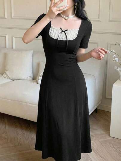 Feyla Women's Summer French Elegant Elegant Square Collar Contrast Lace Bow Decor Waist Midi Dress