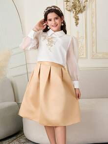 SHEIN Girl's Elegant Formal Clothing Set,Long-Sleeved White Shirt & Apricot Half-Length Skirt,Spring Autumn Wedding Party Mixed Dress Set For Children - Multicolor - View 3
