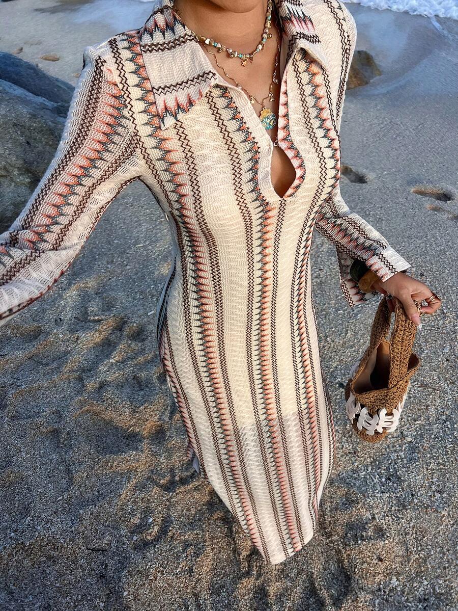 Livesso 女士休闲条纹连衣裙，适合度假或春季穿着 - 米色 - 查看 1