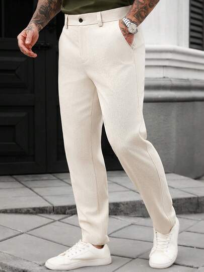 Manfinity CasualCool Pantalones rectos de bolsillo en diagonal de unicolor para uso casual y laboral de hombres