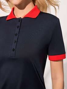 CourtClass Women's Contrast Trim Half-Zip Short Sleeve Tennis Top - Navy Blue - View 6