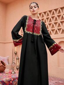 Al Najma Geometriskt tryck med paljettkant, lös svart maxi-kofta - Svart - Visa 6