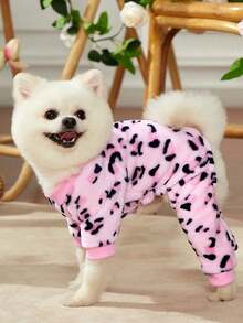 PETSIN 1 pieza Traje de mono para mascotas con estampado de leopardo rosa, ropa para mascotas de franela gruesa y cálida para otoño e invierno - Multicolor - Ver 2