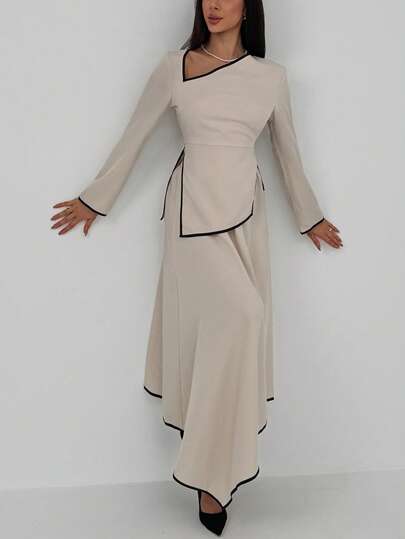 Aloruh Modern Elegant Minimalist Set: Contrast-Trim Slit-Back Tie Top And Asymmetrical Hem A-Line Midi Skirt,Graceful And Modest Women's Attire With A Smooth, Flowy Drape, Perfect For Family Celebrations, Wedding Guest Outfits, And Daily Office Wear.