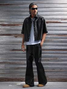 AXEPEAK Conjunto de camisa de manga corta con bolsillo delantero y pantalones casuales de verano para hombre - Negro - Ver 5