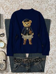 Attitoon Casual Retro Style Back To School Collegiate Vintage Look Cute Bear Graphic Knit Sweater For Women, Suitable For Autumn/Winter - Navy Blue - View 1