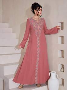 Al Najma Traditional Ramadan Print Loose Elegant Robe - Dusty Pink - View 1