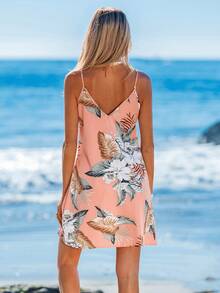 Sylviya Tropical Print Cut Out Front Cami Dress,Vacation - Coral Pink - View 2