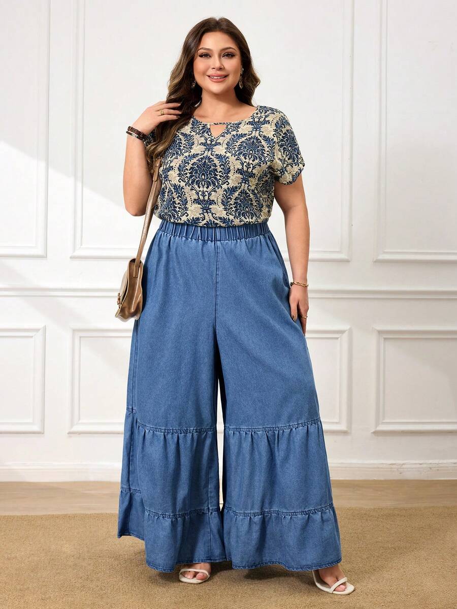 EMERY ROSE Plus Size Women Elastic Waist Ruffle Hem Wide Leg Loose Casual Jeans - Medium Wash - View 1