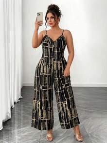 SHEIN Clasi Plus Size Women Geometric Print Sleeveless Loose Flattering Wide Leg Jumpsuit For Summer Vacation - Multicolor - View 3