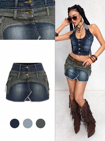 ROMWE Avant Modischer avantgardistischer Denim sexy tief sitzender Minirock mit Doppelgürtel und Cargo-Taschen