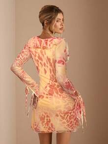 SHEIN BAE Đầm ngắn ôm sát người nữ họa tiết da báo ombre cổ chữ V sâu, buộc dây phía trước, tay bồng, thích hợp cho mùa xuân/hè. - Màu vàng - Xem 2