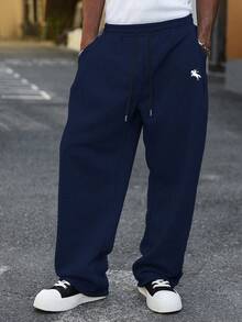 Manfinity EMRG 男士纯色抽绳腰带口袋休闲宽松运动裤，宽松灰色运动裤，适合返校季穿着 - 藏蓝色 - 查看 6