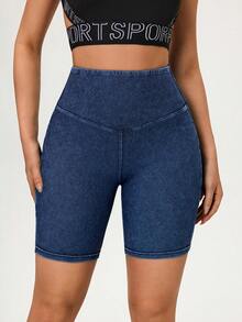 Flexra High Stretch Fitted Versatile Yoga Multi-Pocket High Waist Women Denim Shorts - Medium Wash - View 6