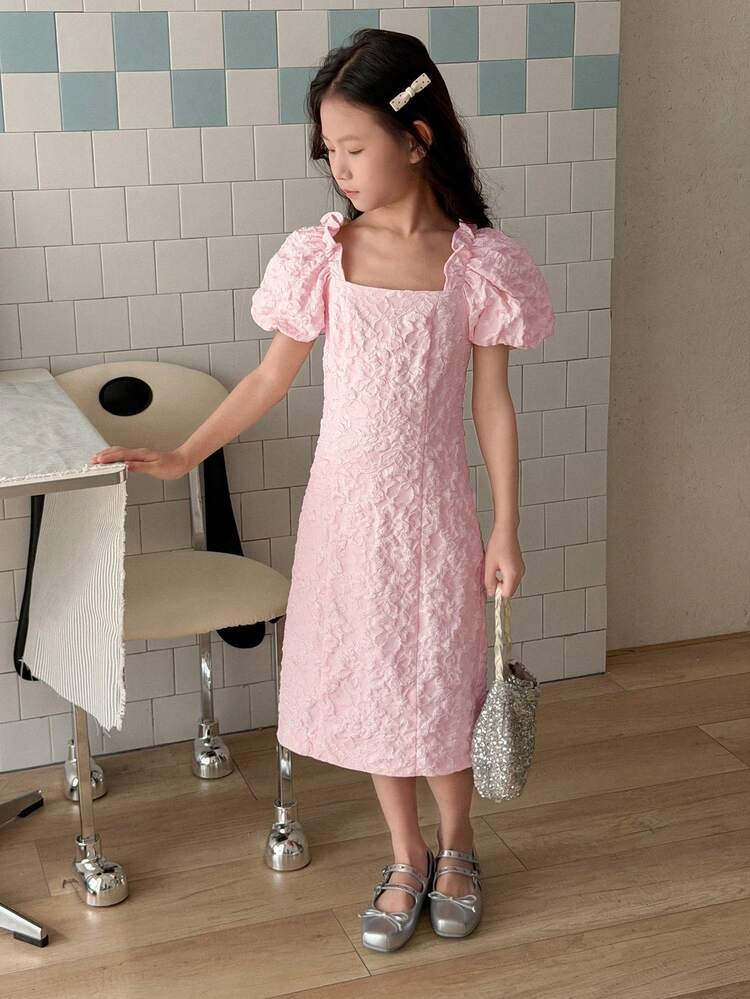 Tween Girls Floral Print Puff Sleeve Crew Neck Dress, Fall