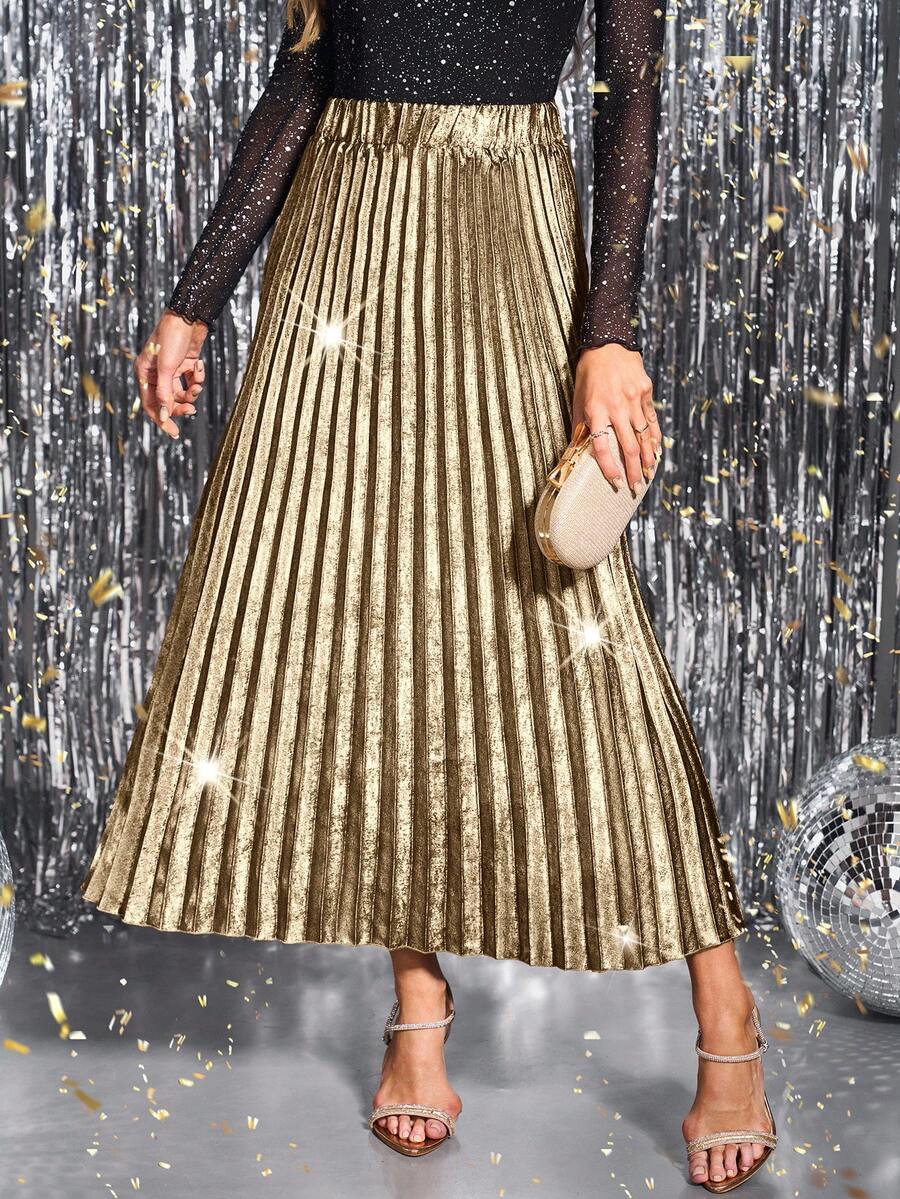 SHEIN Clasi Women's Pleated Skirt, Coated Shiny Gold Fabric, Elegant For Daily Wear, Festivals, Parties, Waist Cinching, Slimming, Long Skirt, Autumn/Winter - Champagne - View 1