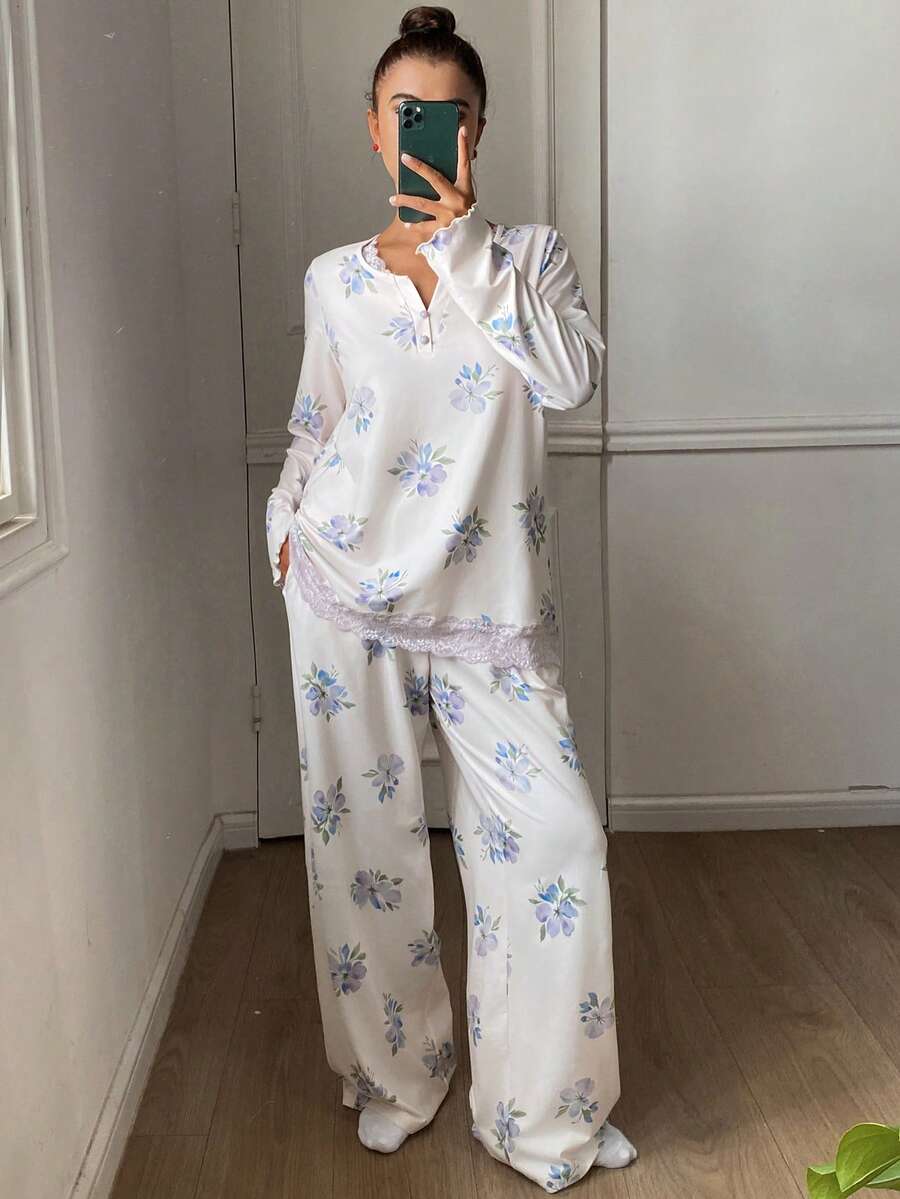DAZY Conjunto de pijama de mujer con estampado floral y aplicación de encaje - Beis - Ver 1