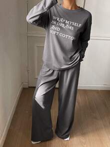 DAZY 两件套女士宽松字母印花长袖上衣和裤子睡衣套装 - 灰色 - 查看 8