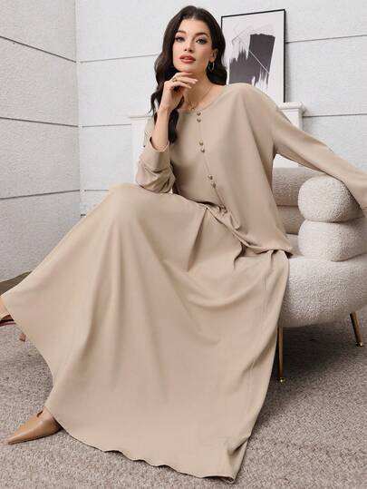 Graceveil 卡其色蘑菇纽扣装饰上衣 + 松紧腰长裙，优雅精致的阿拉伯风格女装套装