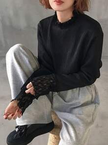 FRIFUL 纯色高领长袖拼接薄纱蕾丝面料宽松休闲百搭T恤 - 黑色 - 查看 6