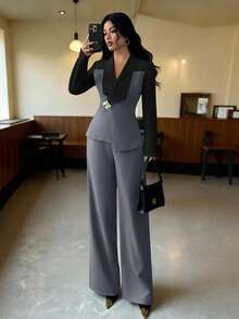 SHEIN Elenzya 女士秋冬季办公室商务休闲套装，金属装饰腰部修身不对称优雅通勤时尚套装 - 灰色 - 查看 3