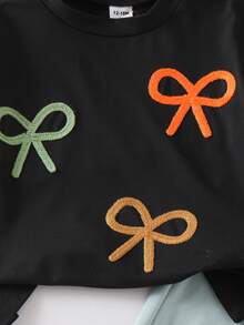 女婴甜美可爱时尚蝴蝶结装饰短袖黑色上衣搭配纯绿色裤子休闲简约夏季T恤套装 - 黑色 - 查看 6