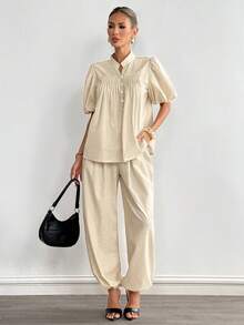 Siren Gaze 女士亚麻灯笼袖衬衫和阔腿裤套装，纯棉女士两件套 - 杏色 - 查看 3