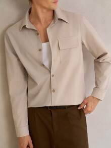 Manfinity Homme Men's Solid Color Long Sleeve Single-Breasted Cargo Pocket Shirt Light Brown Shirt Loose Shirt Silk Shirt Boxy Shirts Cropped Men's Shirts - Apricot - View 7