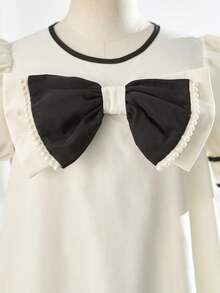 SHEIN Tween Girl Elegant Gorgeous Cute Colorblock Puff Sleeve A-Line Dress, Suitable For Parties, Gatherings And Outings Girls Matching Dresses Twin Girl Dresses - Black and White - View 7