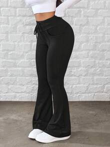 Flexra Women's Drawstring Waist Pockets Casual Versatile Commuting Flare Jeans - Black - View 6