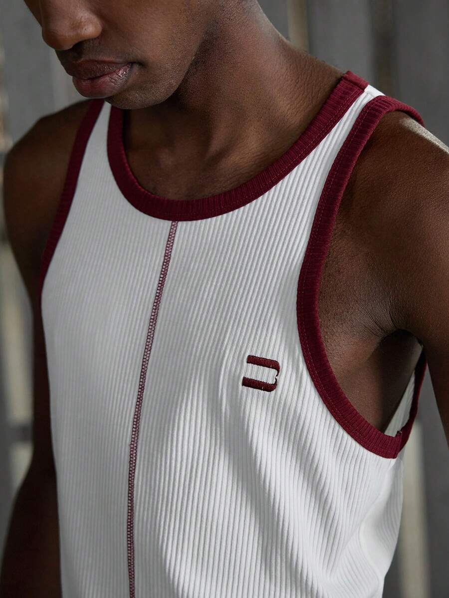 NEON BLANC Men's Color Block Sleeveless Tank Top, Logo Embroidery Ribbed Knit Stretch Fabric Slim Fit - White - View 1