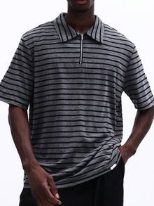 SUMWON Men's Striped Quarter Zip Polo Shirt Short Sleeve Collared Top Casual Summer Relaxed Fit - Grey - View 1